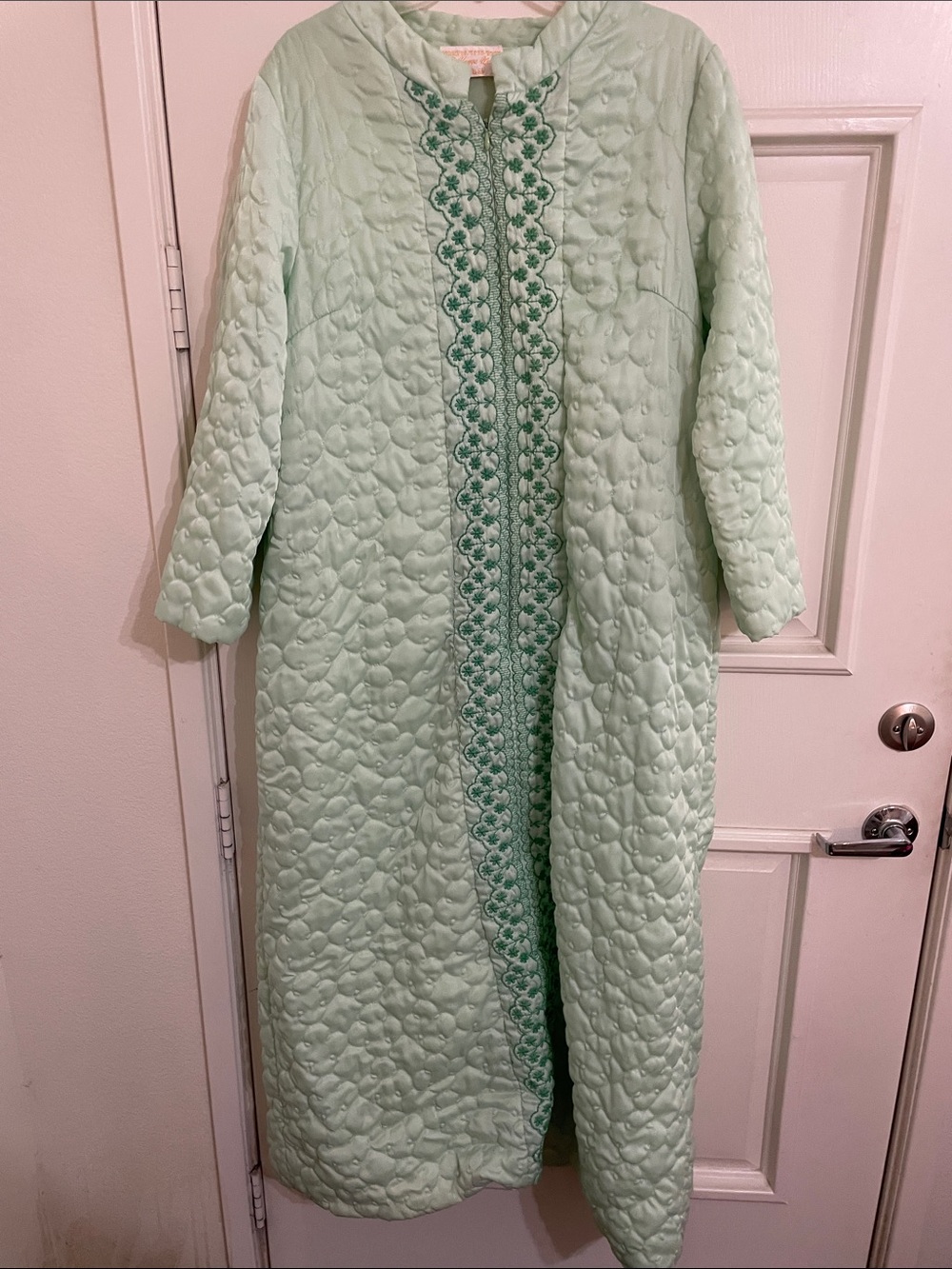 Vintage Quilted Long Robe Embroidered Trim - Mint Green Sz M (10- 12)